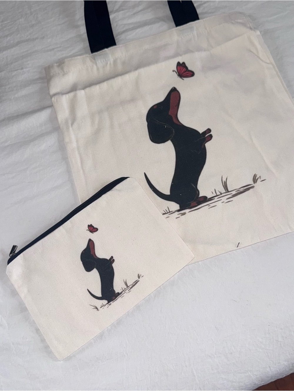 Canvas Dachshund Tote and Pouch Set - White with Black Print